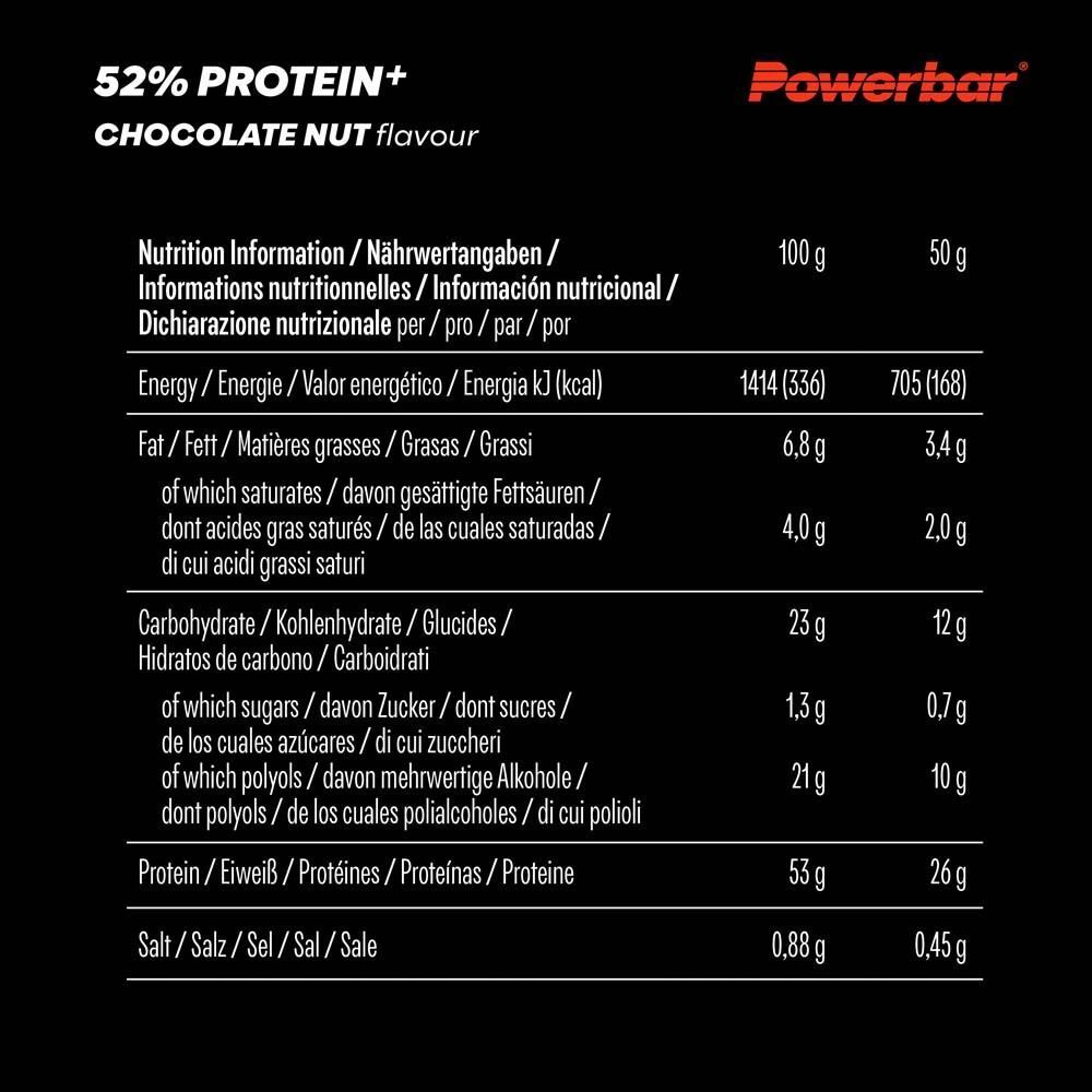 Nährwertangaben einer PowerBar 52% Protein Riegel. Informationen zu Energie, Fett, Kohlenhydraten, Zucker, Eiweiß und Salz.