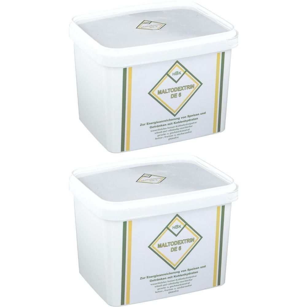 Zwei weiße Eimer mit Maltodextrin DE 6 Pulver. Etikett mit gelbem und grünem Streifen.