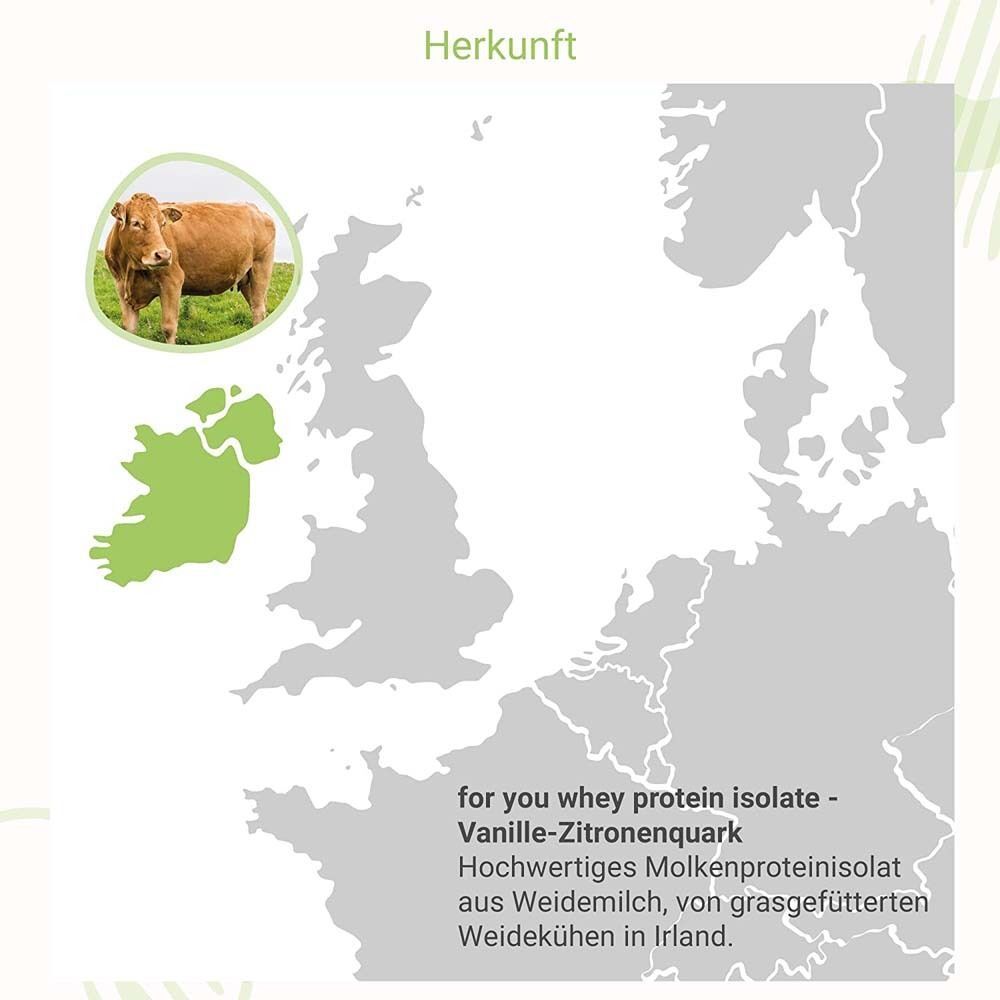 Karte von Irland, hervorgehoben. Text: Herkunft, for you whey protein isolate, hochwertiges Molkenproteinisolat aus Weidemilch.