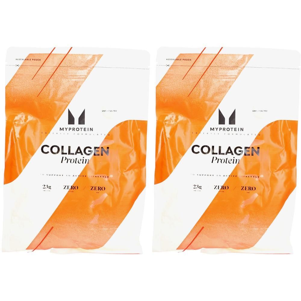 Zwei Beutel mit weißem Hintergrund und orangefarbenen Akzenten. Aufgedruckt ist der Markenname und die Produktbezeichnung: Collagen Protein.