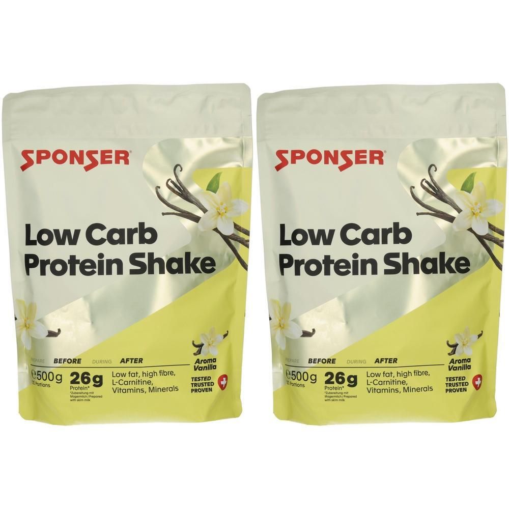 Zwei Beutel SPONSER Low Carb Protein Shake. Aufschrift: Low Carb Protein Shake, 500g, 26g Protein, Aroma Vanille.