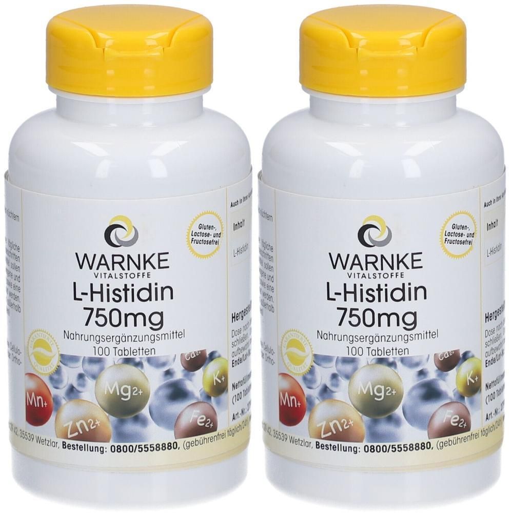 Zwei weiße Flaschen mit gelben Deckeln. Aufschrift: WARNKE, L-Histidin 750mg, Nahrungsergänzungsmittel. 100 Tabletten.