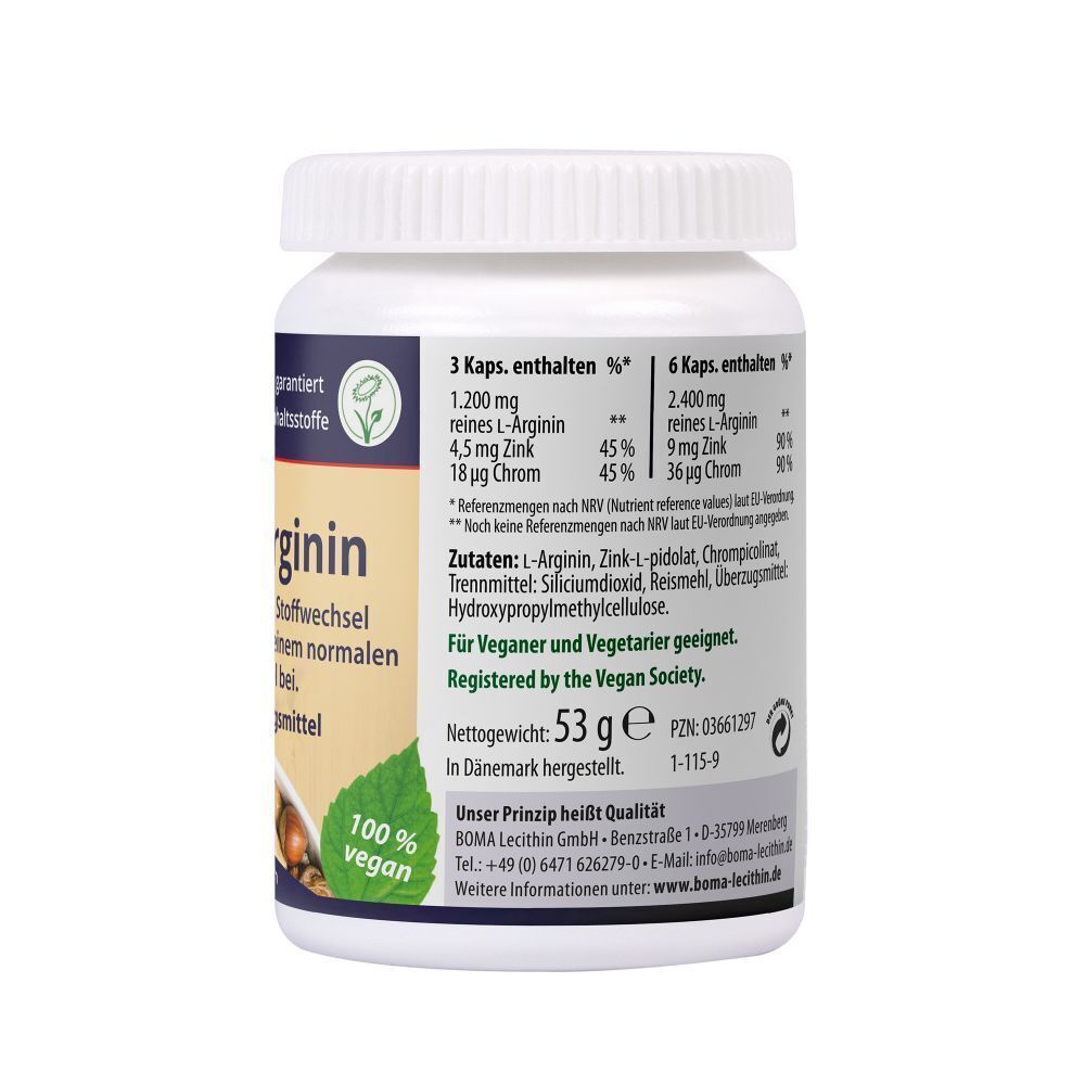 Rückseite einer weißen Flasche Boma L-Arginin. Enthält 1.200 mg reines L-Arginin. 100% vegan. Zertifiziert von The Vegan Society. 53 g.
