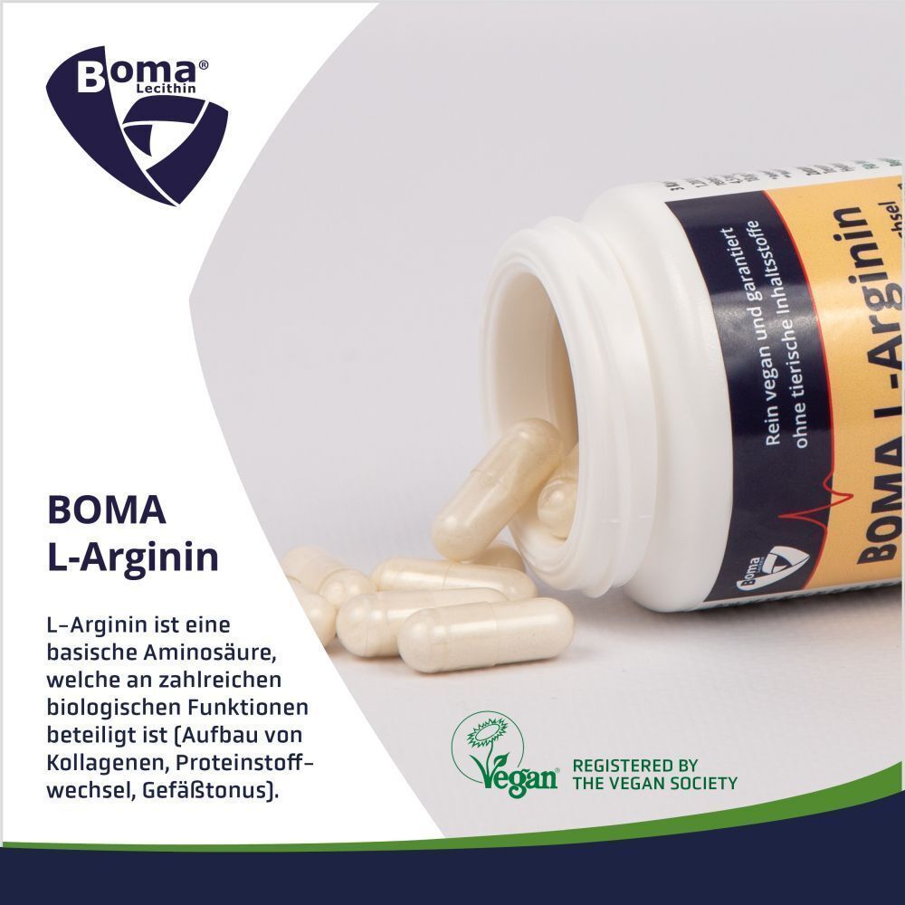 Weiße Flasche Boma L-Arginin, daneben Kapseln. Text: L-Arginin ist eine Aminosäure, die an biologischen Funktionen beteiligt ist.