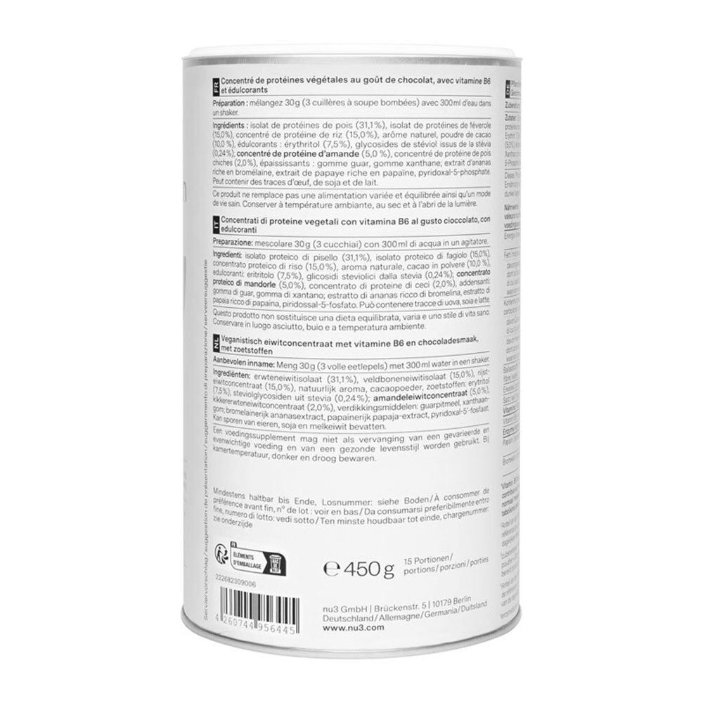 Rückseite einer Dose nu3 Fit Vegan Protein. Text in mehreren Sprachen. Enthält Informationen zu Inhaltsstoffen und Nährwerten.