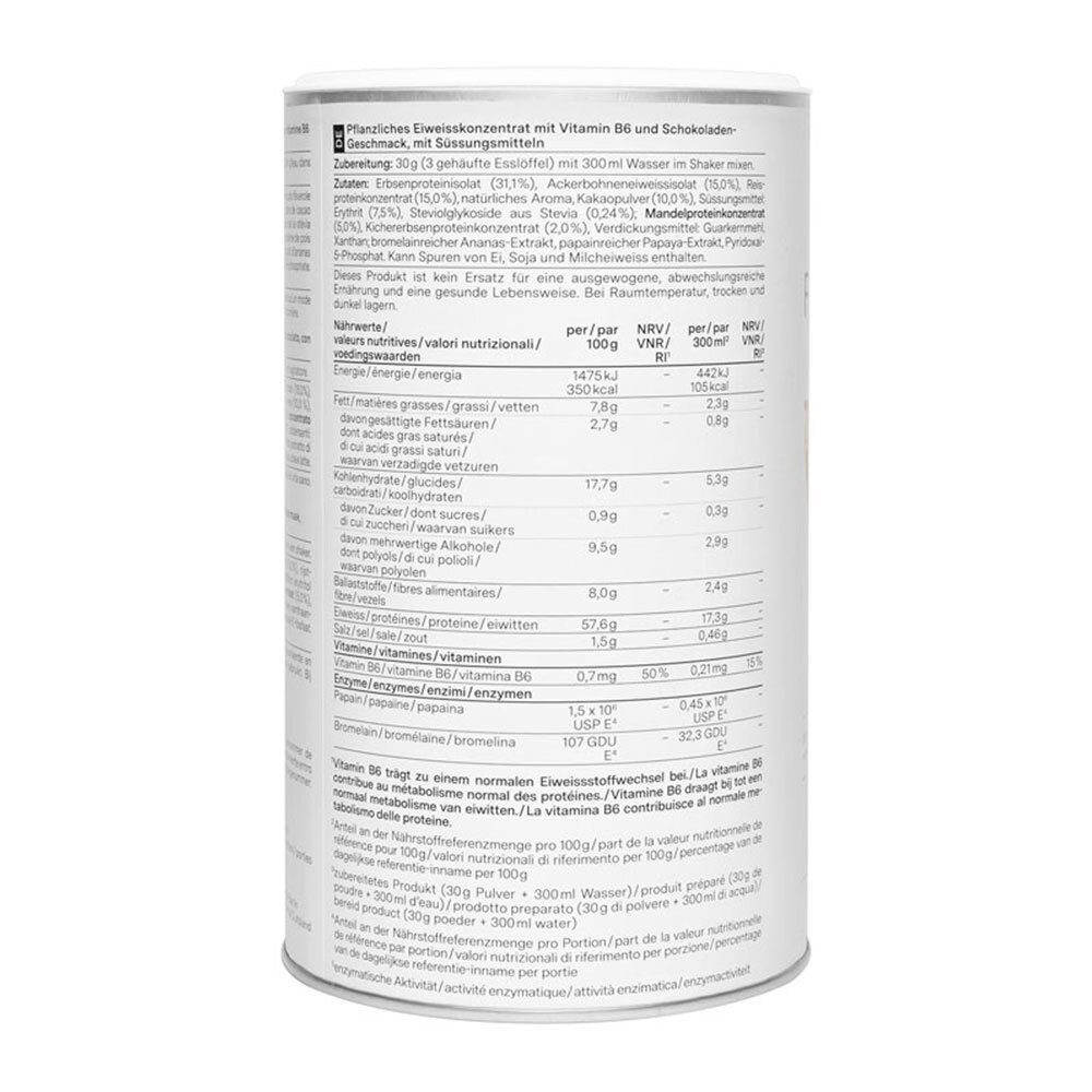 Rückseite einer Dose nu3 Fit Vegan Protein. Enthält Nährwertangaben und Informationen zur Zubereitung. Text in mehreren Sprachen.