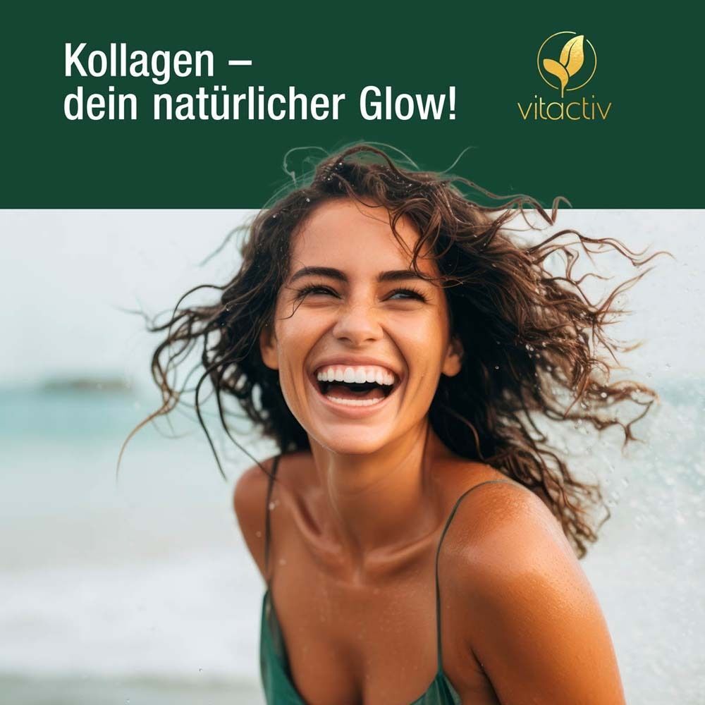 Lachende Frau am Strand, mit Text 'Kollagen – dein natürlicher Glow!' und Vitactiv Logo.