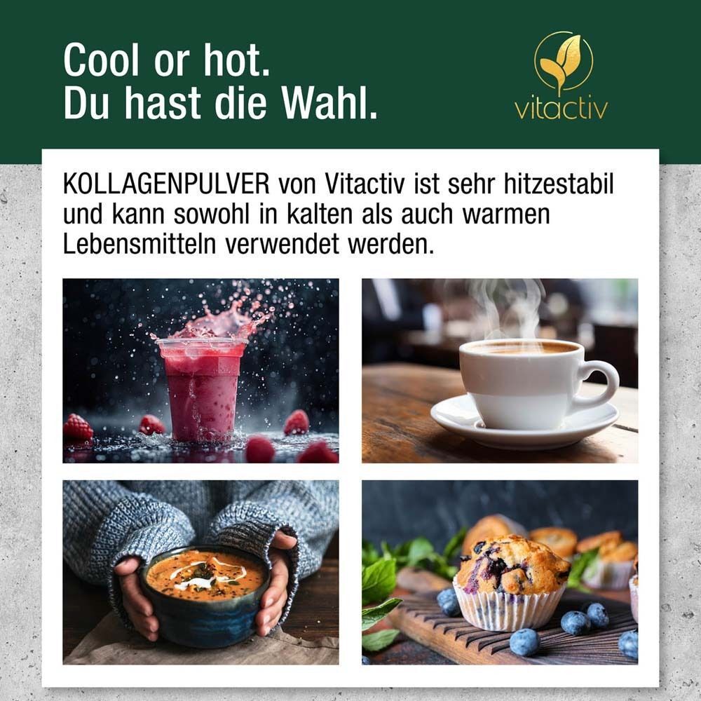 Collagenpulver wird in kalten und warmen Lebensmitteln wie Smoothie und Kaffee gezeigt.
