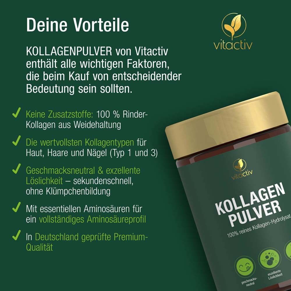 Liste der Vorteile von Vitactiv Kollagen Pulver, mit einem Behälter im Hintergrund.