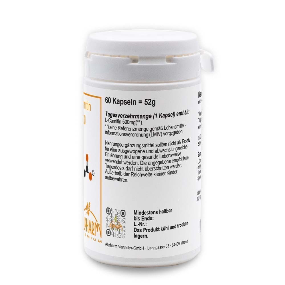 Weiße Pillendose mit orangefarbenem Etikett. Aufschrift: L-Carnitin 500. Rückseite mit Text. Marke: ALLPHARM. Kapseln.