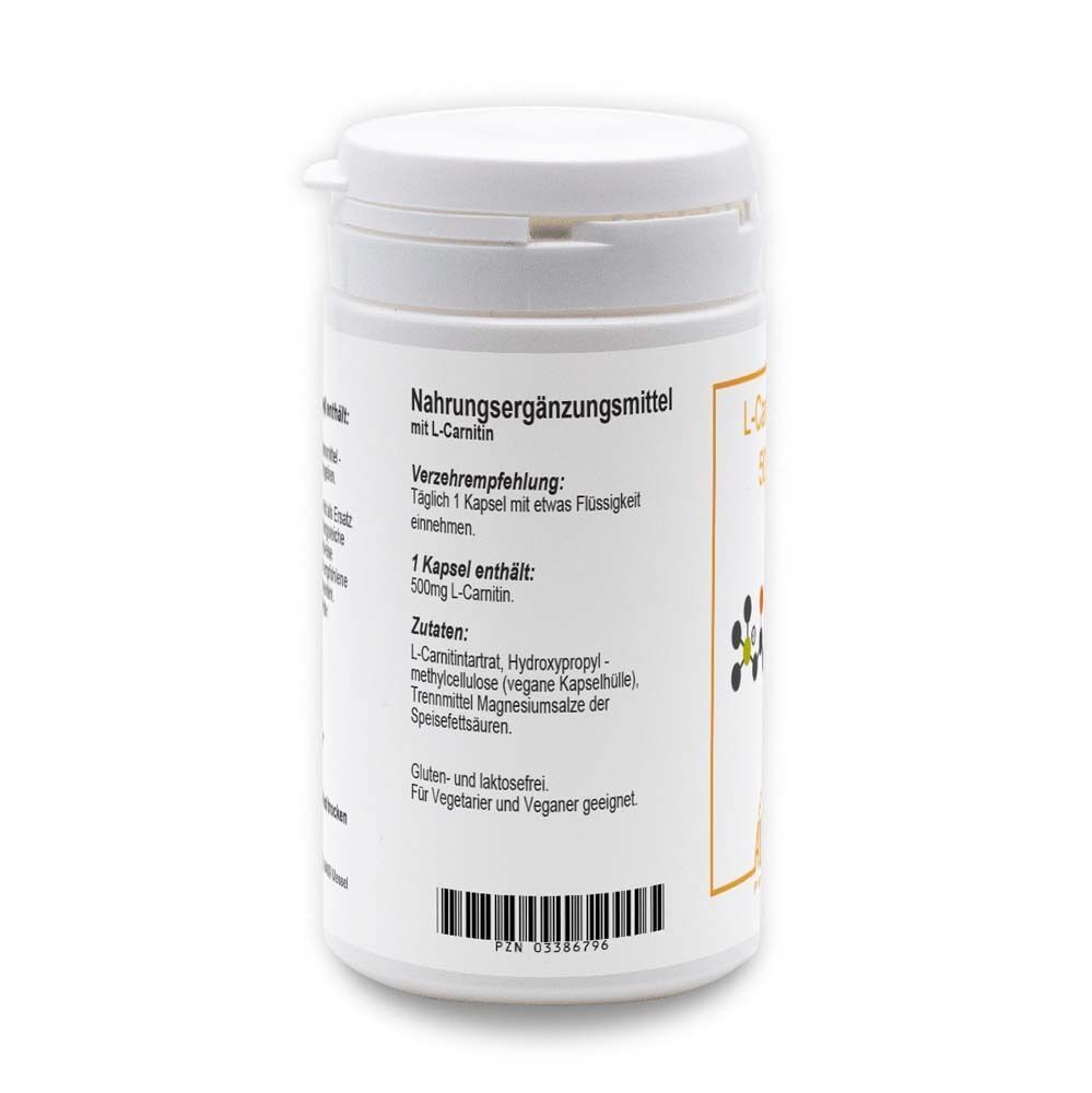 Weiße Pillendose mit orangefarbenem Etikett. Aufschrift: L-Carnitin 500. Rückseite mit Text. Marke: ALLPHARM. Kapseln.