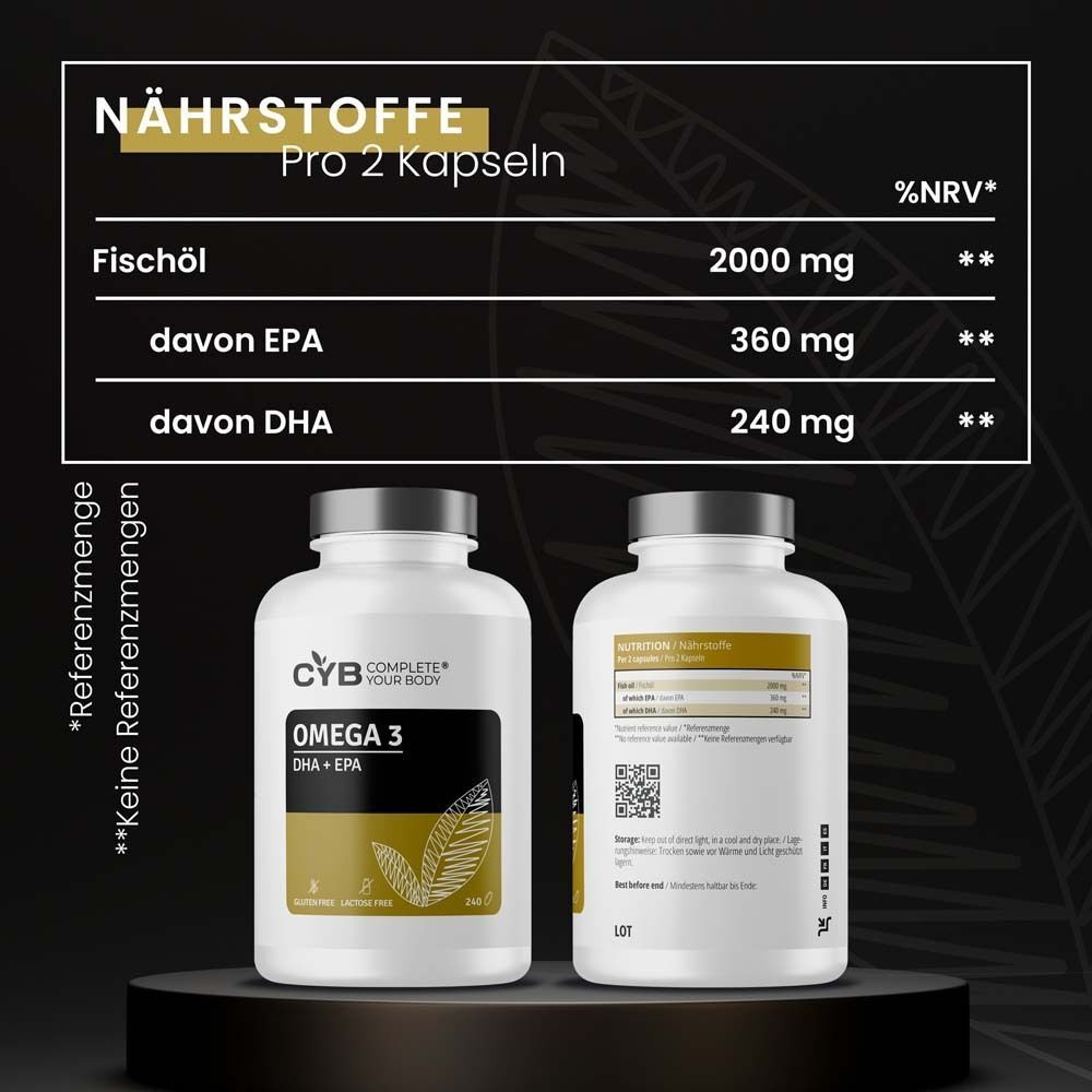 Zwei Flaschen mit schwarzen Etiketten. Aufschrift: CYB, Omega 3 DHA+EPA. Tabelle mit Nährwerten pro 2 Kapseln. Fischöl, EPA, DHA.