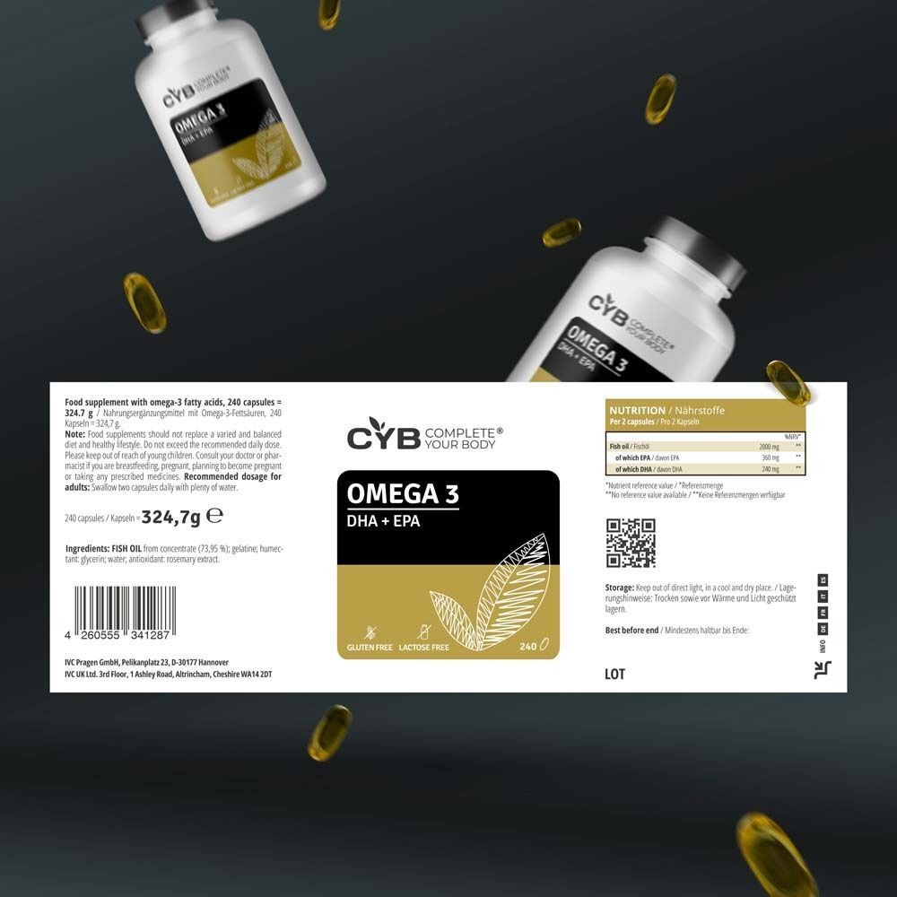 Produktflasche und Kapseln. Aufschrift: CYB, Omega 3 DHA+EPA. Etikett mit Nährwertangaben, Inhaltsstoffen, Verzehrempfehlung.