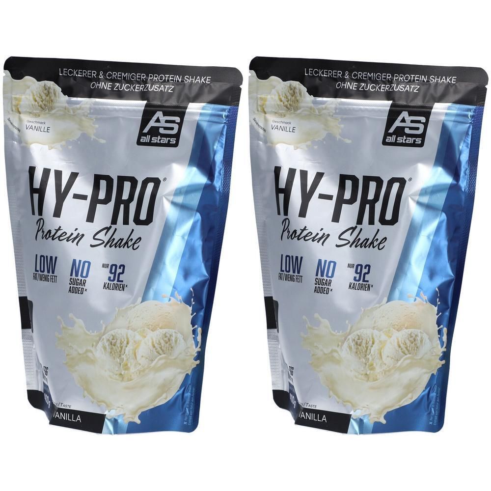 Zwei Beutel All Stars® Hy-Pro Protein Shake Vanille. Aufschrift: HY-PRO Protein Shake, LOW, NO Sugar, 92 Kalorien. AS all stars Logo.
