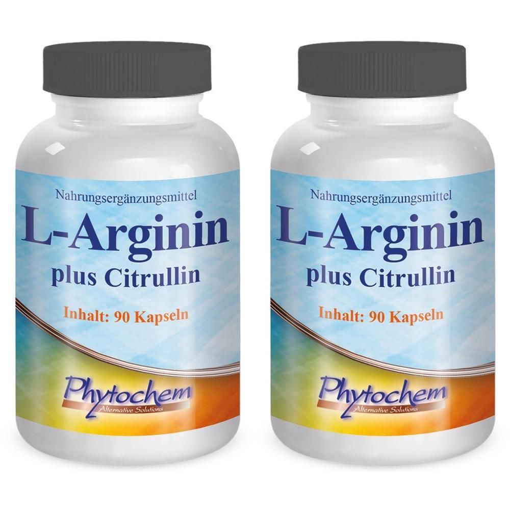 Zwei weiße Flaschen mit grauen Deckeln. Aufschrift: L-Arginin plus Citrullin. Inhalt: 90 Kapseln. Marke: Phytochem.