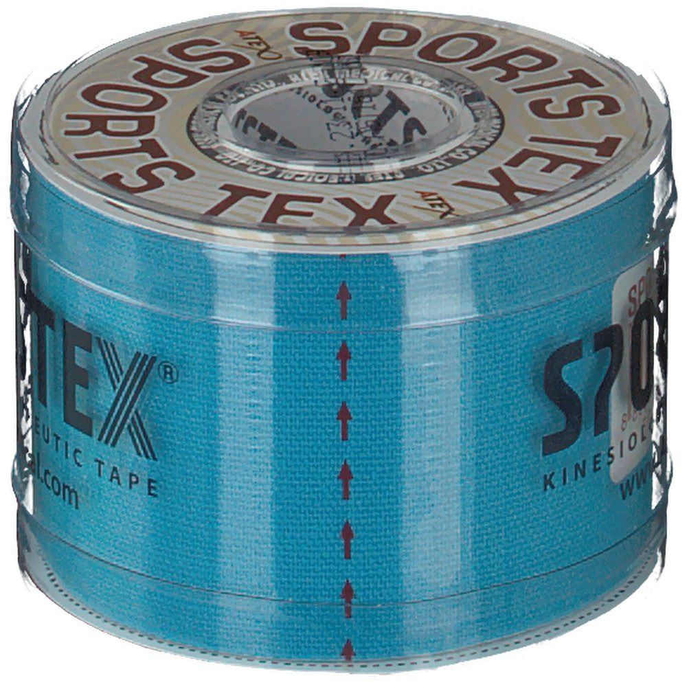 Blaue Tape-Rolle mit Aufschrift SPORTS TEX, Kinesiologie Therapeutic Tape. Mit transparentem Kunststoff umwickelt. Pfeile.