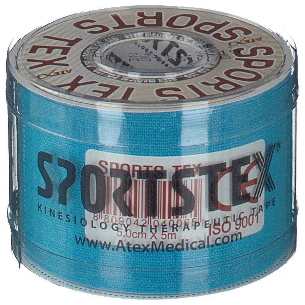 Blaue Tape-Rolle mit Aufschrift SPORTS TEX, Kinesiologie Therapeutic Tape. Mit transparentem Kunststoff umwickelt. ISO 9001.