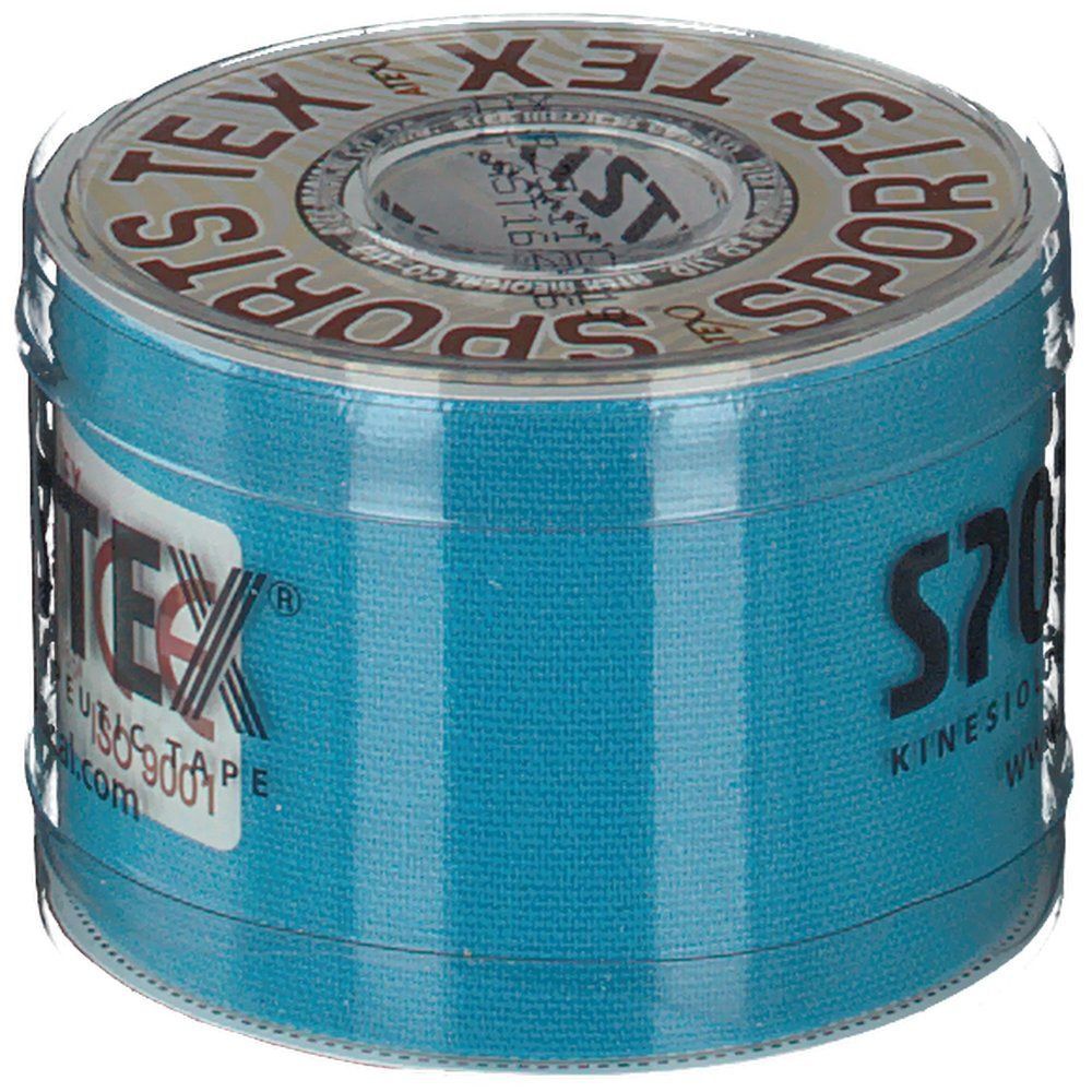 Blaue Tape-Rolle mit Aufschrift SPORTS TEX, Kinesiologie Therapeutic Tape. Mit transparentem Kunststoff umwickelt.