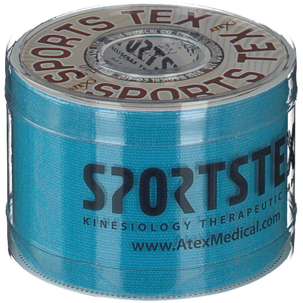Blaue Tape-Rolle mit Aufschrift SPORTS TEX, Kinesiologie Therapeutic Tape. Mit transparentem Kunststoff umwickelt.