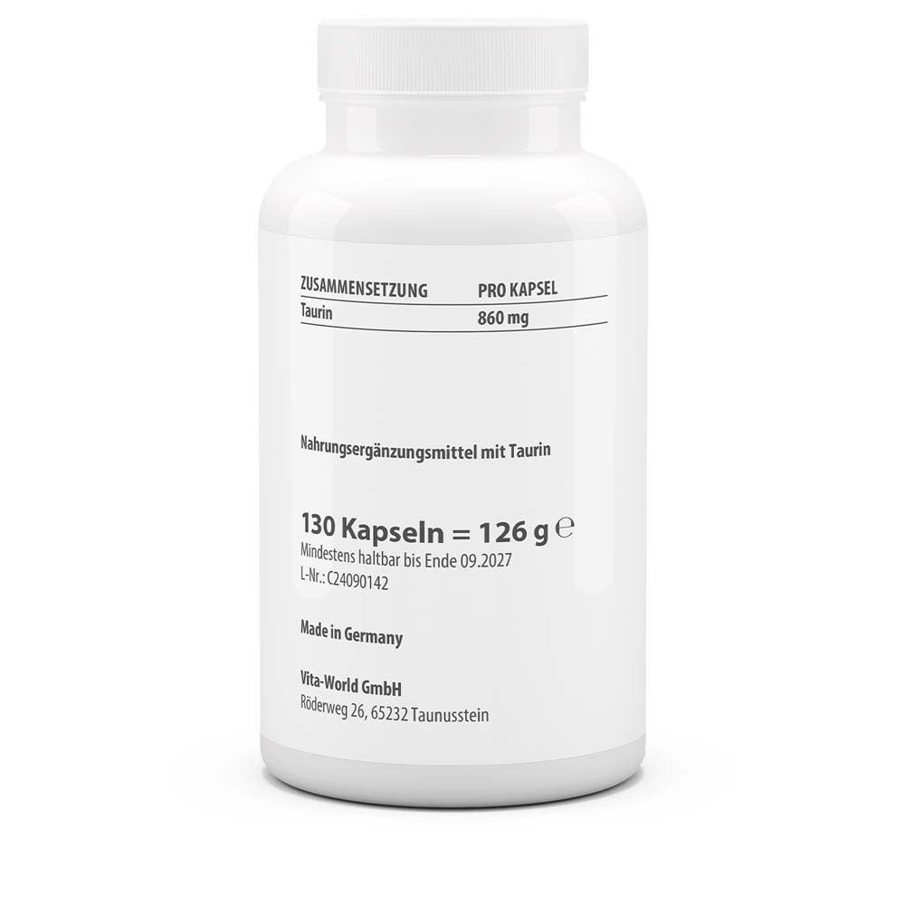 Weiße Flasche mit Etikett. Aufschrift: VitaWorld Taurin 850 mg, 130 Kapseln. Rückseite: Inhaltsstoffe, Haltbarkeit, Hersteller.