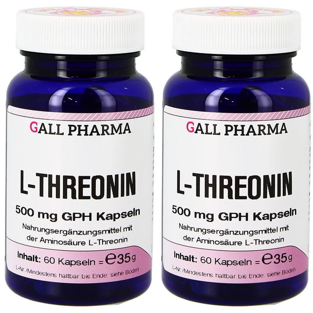 Zwei blaue Flaschen mit weißen Deckeln. Aufschrift: GALL PHARMA L-Threonin 500 mg GPH Kapseln. Inhalt: 60 Kapseln.