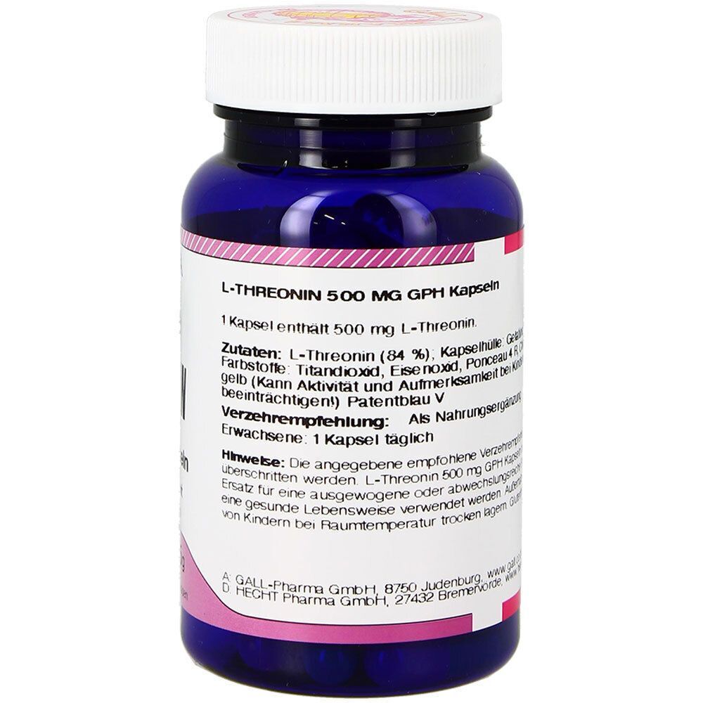 Blaue Flasche mit weißem Deckel. Aufschrift: GALL PHARMA L-Threonin 500 mg GPH Kapseln. Zutaten und Verzehrempfehlung sind angegeben.