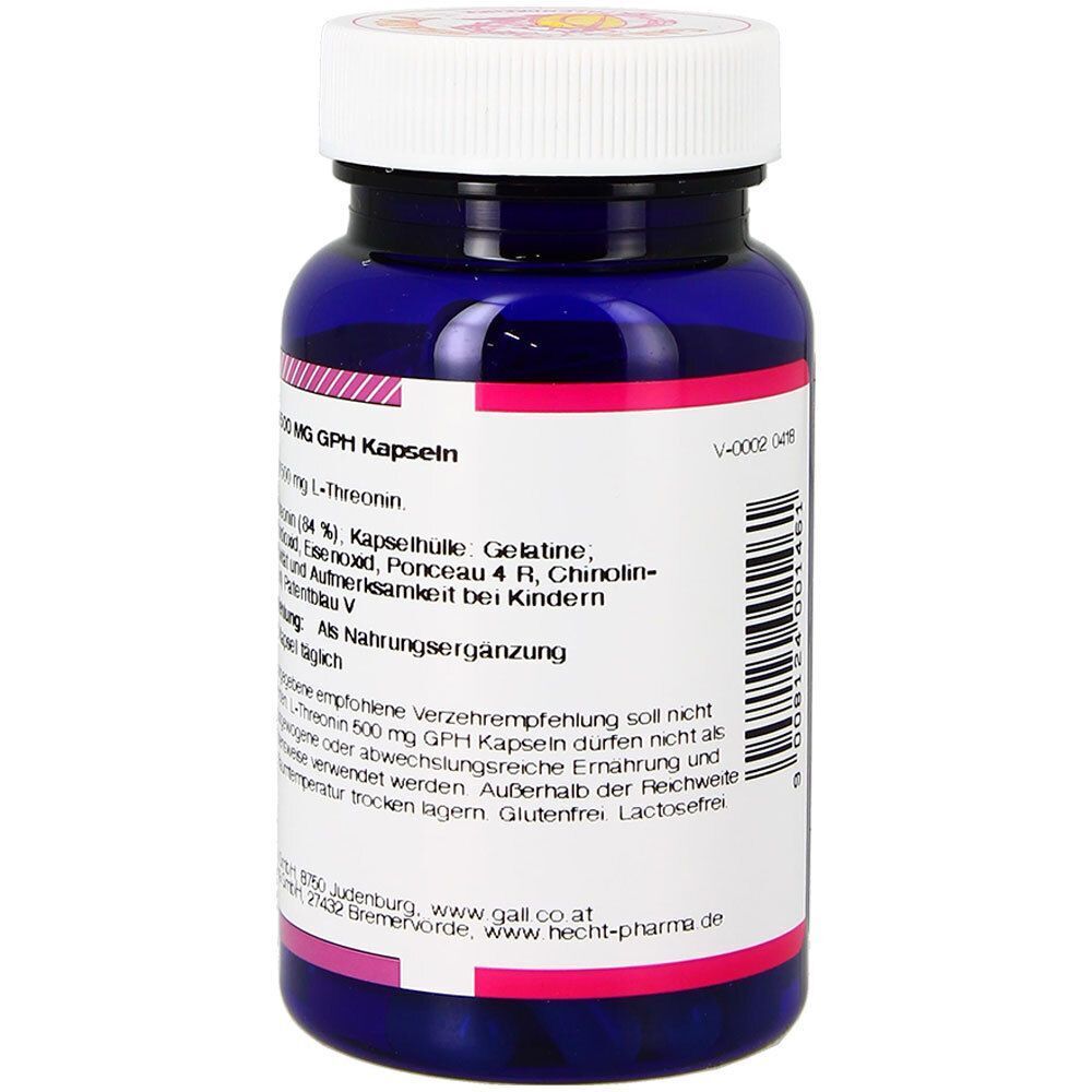 Rückseite einer blauen Flasche mit weißem Deckel. Aufschrift: GALL PHARMA L-Threonin 500 mg GPH Kapseln. Informationen zu Inhaltsstoffen.