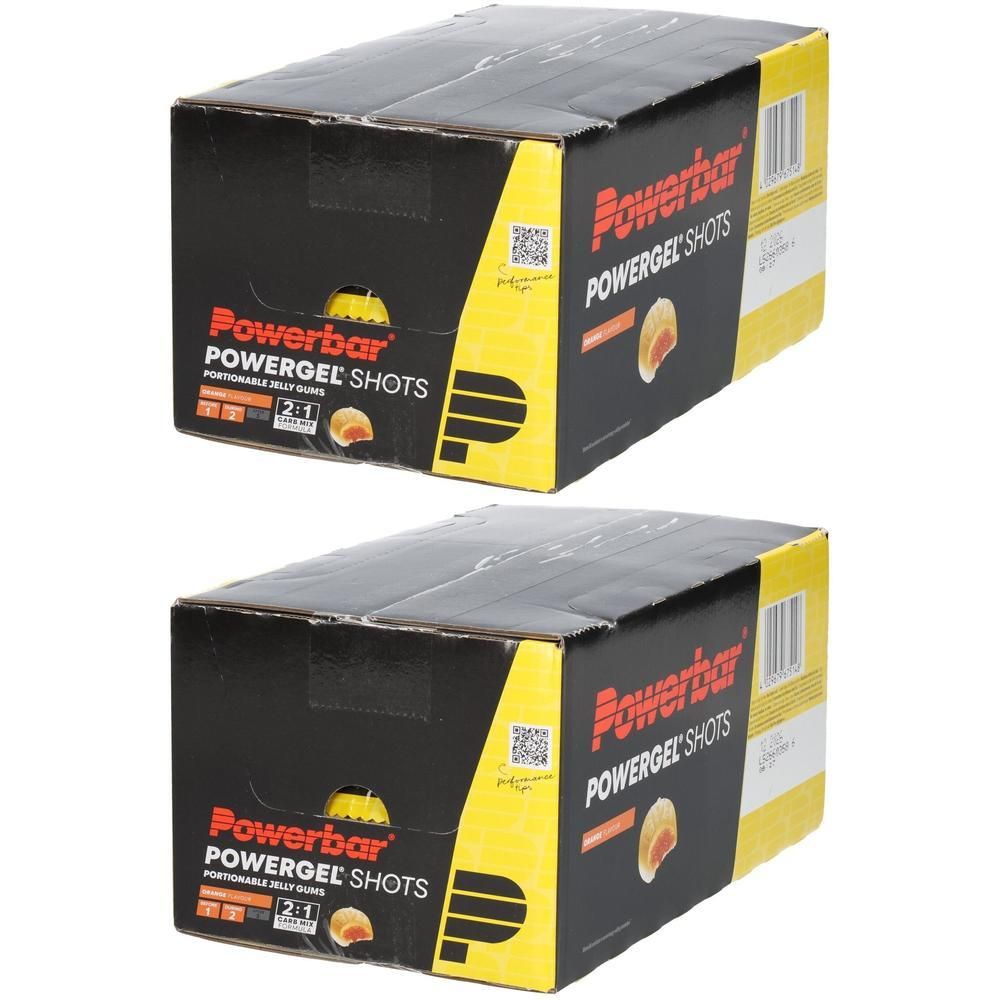 Zwei Packungen Powerbar Powergel Shots Orange, Portionsgelflüssigkeiten.