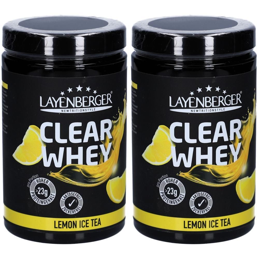 Zwei schwarze Dosen mit dem Produkt CLEAR WHEY. Aufschrift: LAYENBERGER, CLEAR WHEY, Lemon Ice Tea. Mit gelben Zitronen-Illustrationen.