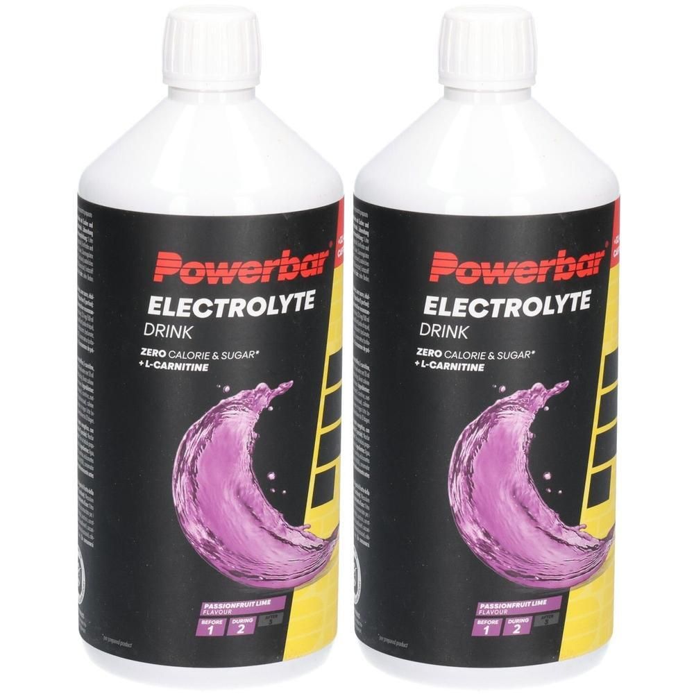 Zwei Flaschen Powerbar Elektrolyt-Drink, zuckerfrei, mit L-Carnitin. Passionfruit-Lime Geschmack.