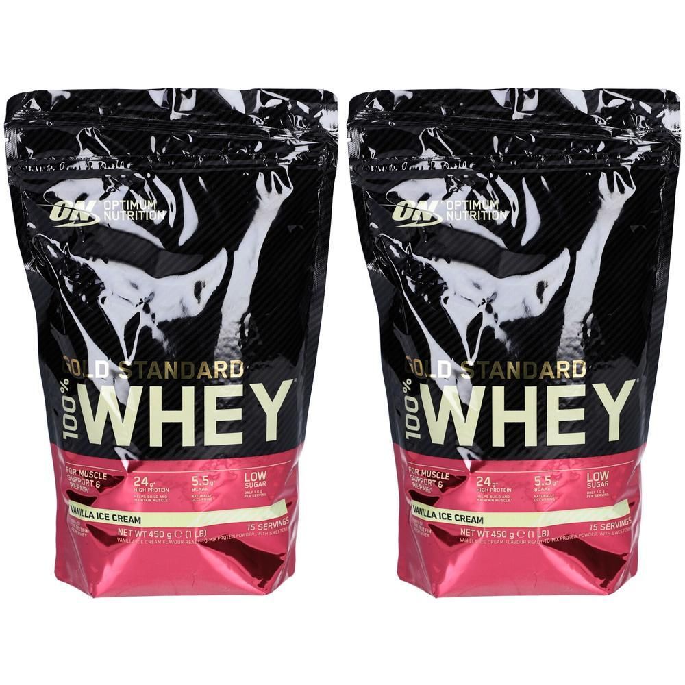 Zwei Beutel mit Whey-Protein. Schwarze Verpackung mit Gold- und Weißschrift. Aufschrift: Gold Standard 100% Whey. Geschmack: Vanilla Ice Cream.