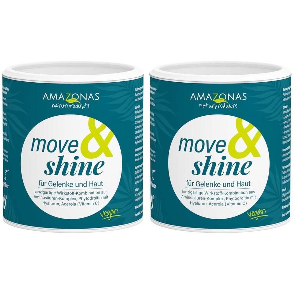 Zwei Dosen AMAZONAS move&shine Kollagen Aufbauprodukt vegan für Haut und Gelenke.