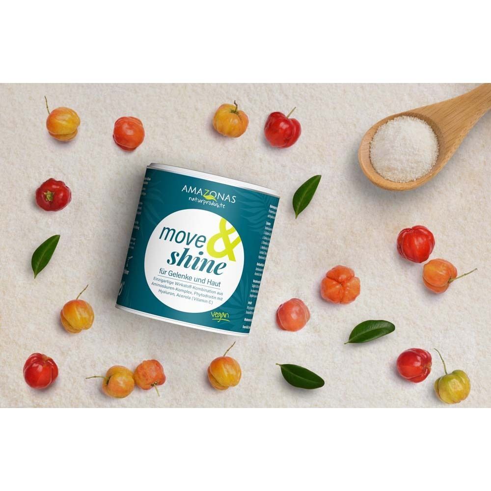 AMAZONAS move&shine Kollagen Aufbauprodukt vegan mit Acerola-Kirschen und Hyaluron.
