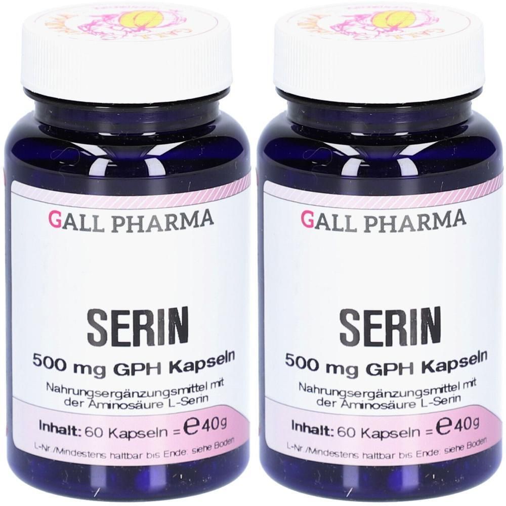 Zwei Flaschen SERIN 500 mg GPH Kapseln. Blaue Flaschen mit weißem Deckel und Etikett. Aufschrift: GALL PHARMA, SERIN, 60 Kapseln.