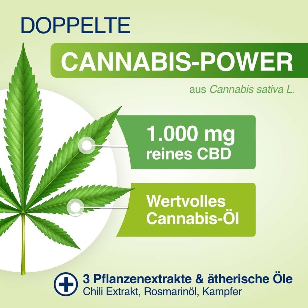 Grafik mit Cannabisblatt und Text: 1.000 mg reines CBD, Wertvolles Cannabis-Öl. 3 Pflanzenextrakte & ätherische Öle.