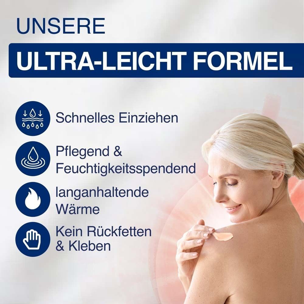 Frau trägt Gel auf den Rücken auf. Text: Ultra-Leicht Formel. Schnelles Einziehen, Pflegend, Wärme, Kein Rückfetten.
