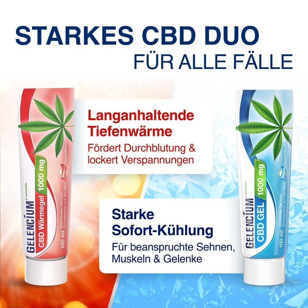 Zwei Tuben Gelencium® CBD Wärmegel 1000 mg und CBD Gel. Text: Langanhaltende Tiefenwärme, Sofort-Kühlung.