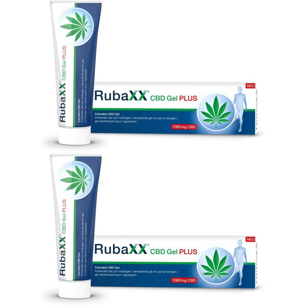 Zwei Tuben und Kartons RUBAXX CBD Gel Plus mit Hanfblatt-Symbol.