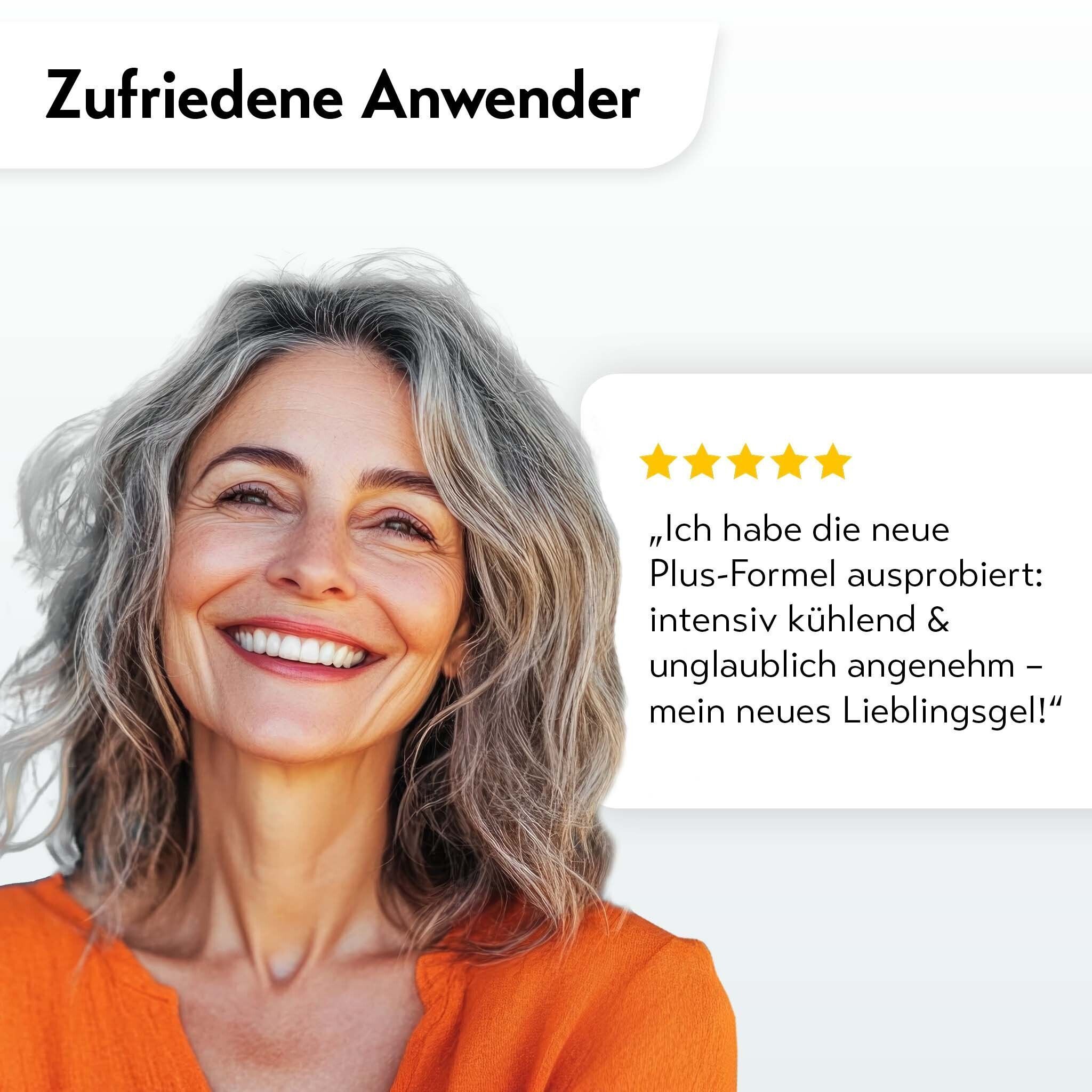 Zufriedene Anwenderin mit Sternenbewertung und Zitat zur neuen Plus-Formel.