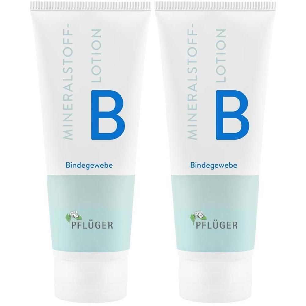 Zwei weiße Tuben Mineralstoff-Lotion B. Aufschrift: Mineralstoff-Lotion, B, Bindegewebe. Logo: Pflüger.