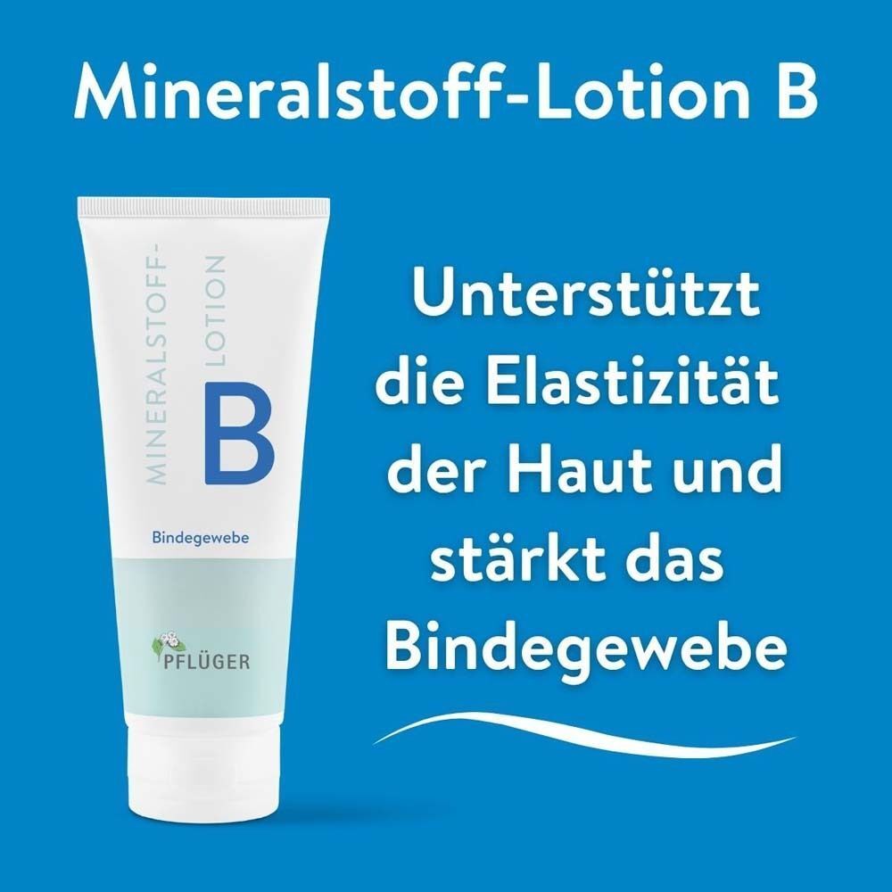 Weiße Tube Mineralstoff-Lotion B. Aufschrift: Mineralstoff-Lotion, B, Bindegewebe. Logo: Pflüger. Text: Unterstützt die Elastizität der Haut.