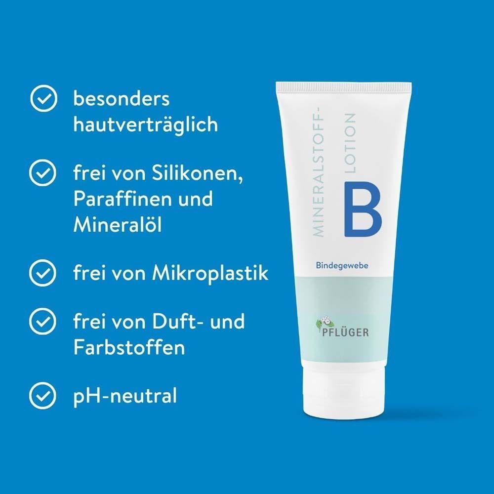 Weiße Tube Mineralstoff-Lotion B. Text: Besonders hautverträglich, frei von Silikonen, Mikroplastik, Duft- und Farbstoffen, pH-neutral.