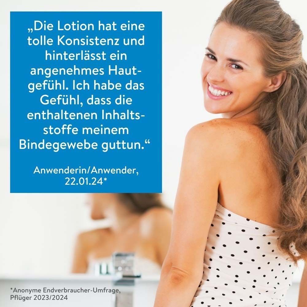 Frau lächelt. Text: „Die Lotion hat eine tolle Konsistenz und hinterlässt ein angenehmes Hautgefühl.“