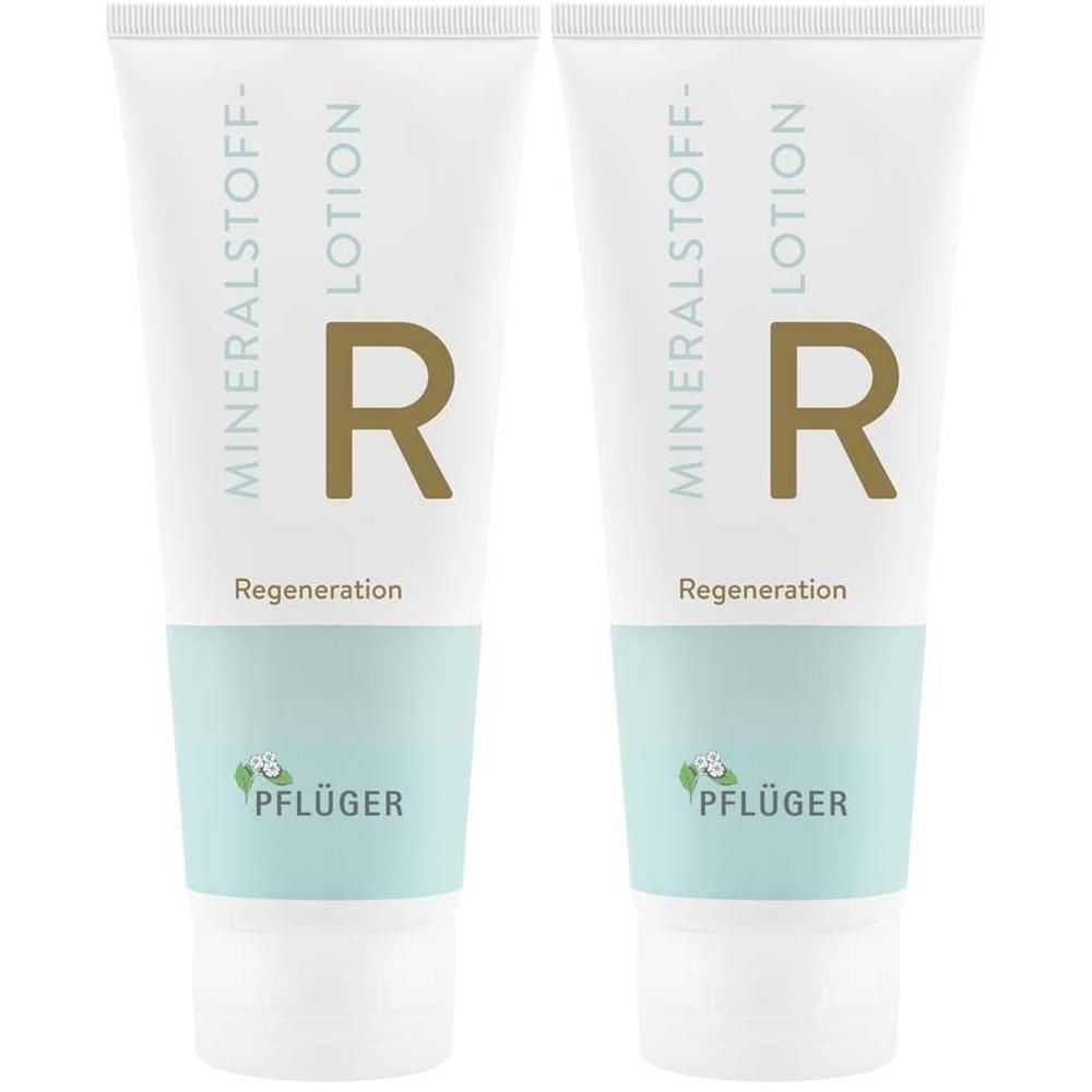 Zwei weiße Tuben mit blauer und brauner Schrift. Aufschrift: Mineralstoff-Lotion, R, Regeneration. Logo: Pflüger.