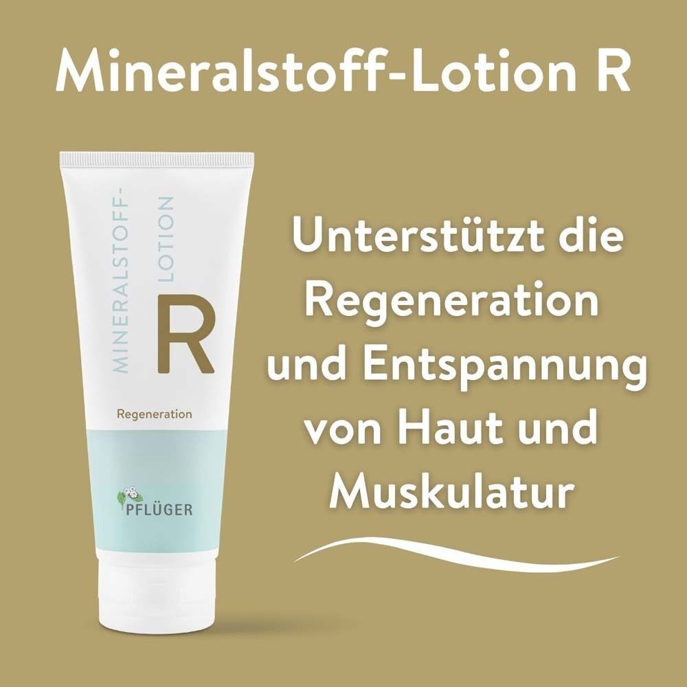 Weiße Tube mit blauer und brauner Schrift. Aufschrift: Mineralstoff-Lotion, R, Regeneration. Text: Unterstützt die Regeneration und Entspannung.