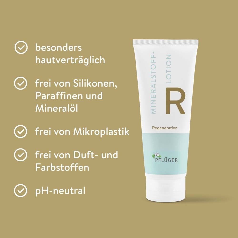 Weiße Tube mit blauer und brauner Schrift. Aufschrift: Mineralstoff-Lotion, R, Regeneration. Text: besonders hautverträglich, frei von Silikonen, etc.