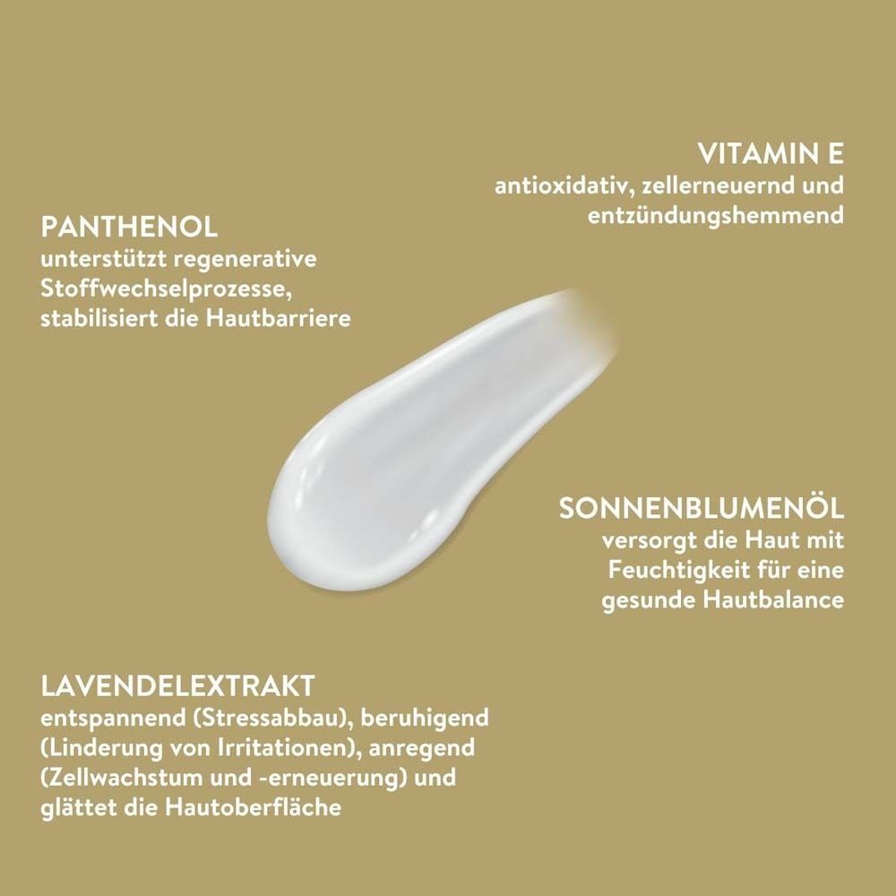 Weißer Lotion-Klecks mit Text: Panthenol, Vitamin E, Sonnenblumenöl, Lavendelextrakt. Beschreibungen der Inhaltsstoffe.