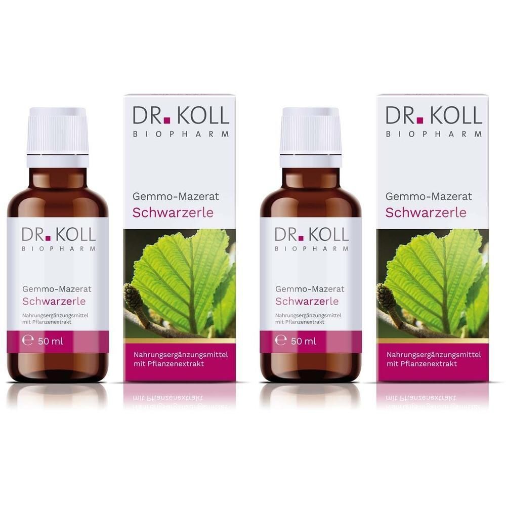 Zwei Flaschen Gemmo-Mazerat Schwarzerle von Dr. Koll Biopharm, jeweils 50 ml.