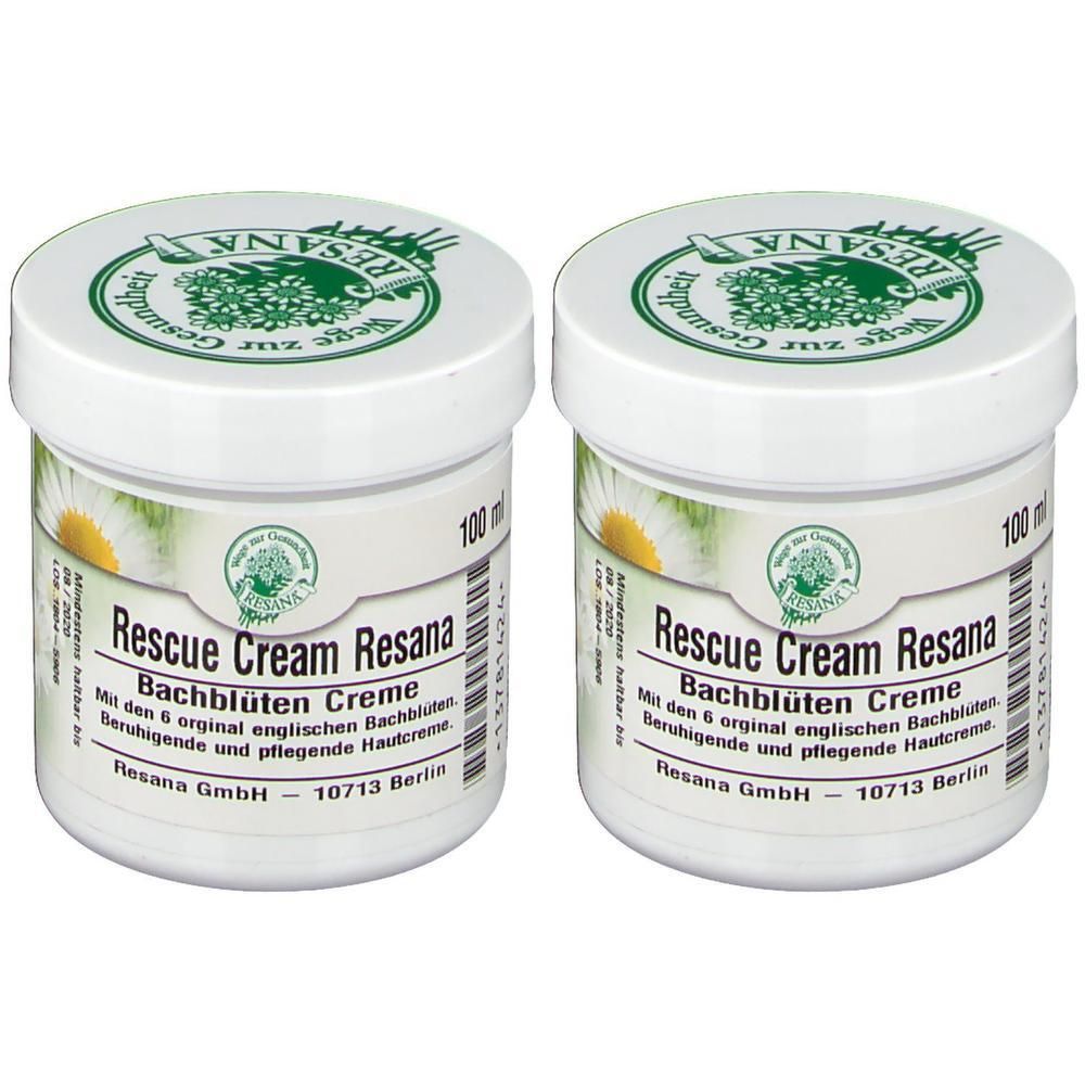 Zwei weiße Cremetiegel mit grünem Deckel. Aufschrift: Resana Rescue Cream. Etikett mit Text und Logo. 100 ml.