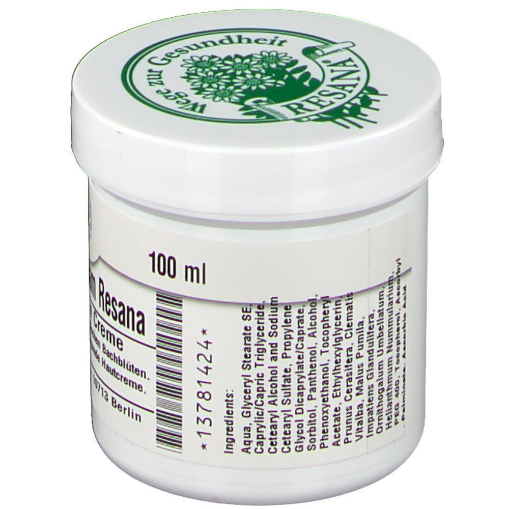 Weißer Cremetiegel mit grünem Deckel. Aufschrift: Resana. Etikett mit Text und Inhaltsstoffen. 100 ml.